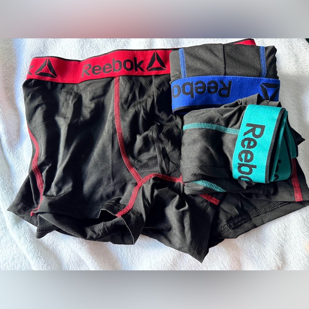 Reebok Black Boxer Briefs Trio with Red, Blue, and Teal Waistbands